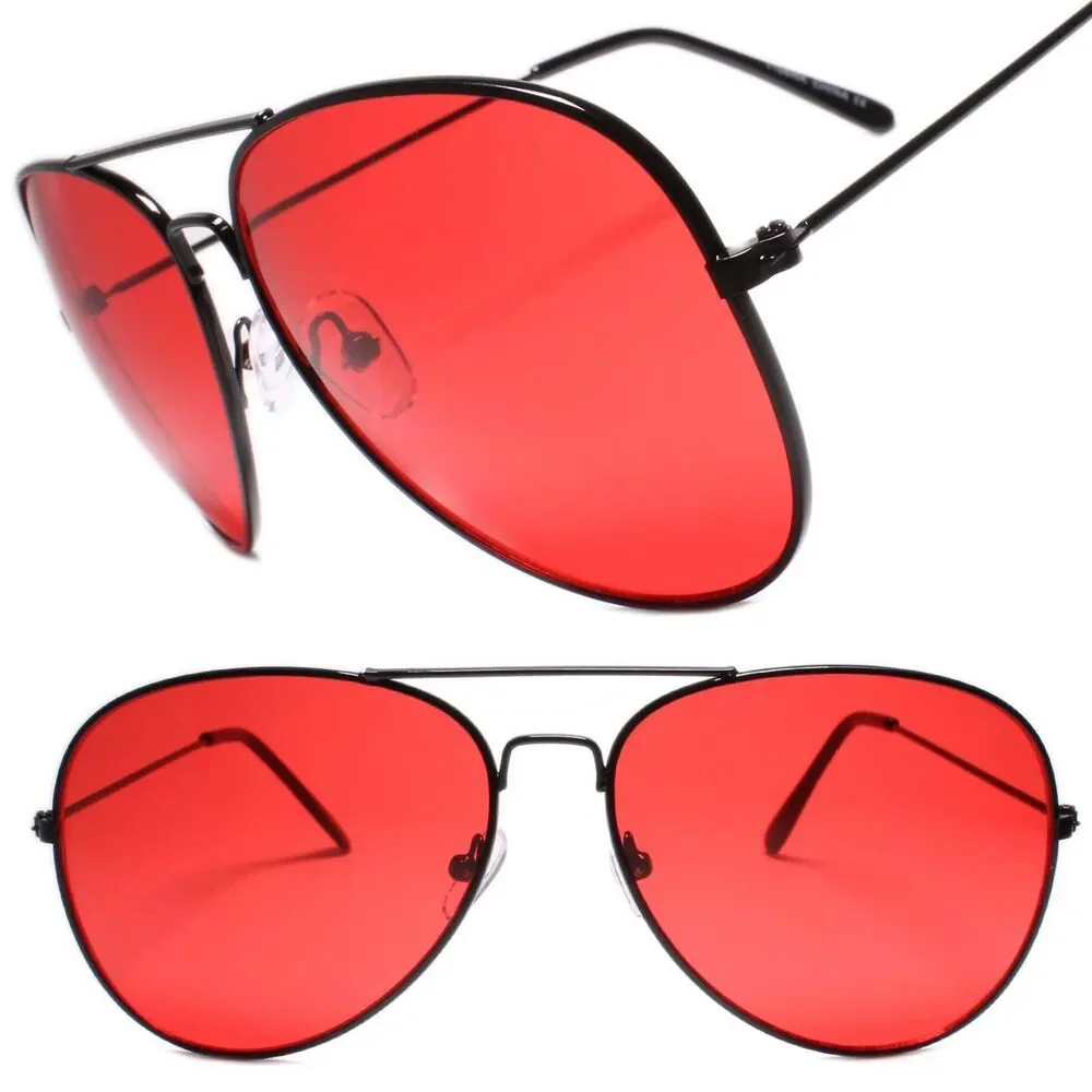 Classy Mens Womens Air Force Pilot Style Sun Glasses Unique Black Frame Red Lens
